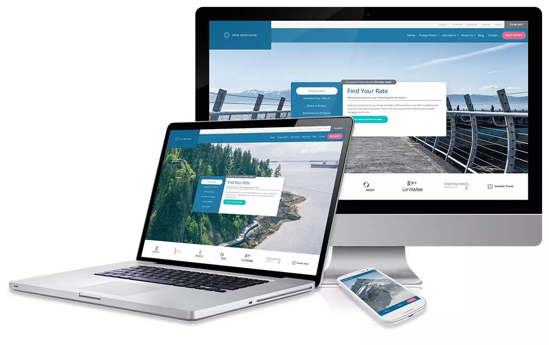 Spin Mortgage website design on desktop, laptop and phone