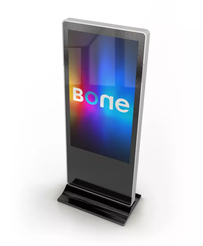 BONE logo on freestanding digital signage screen